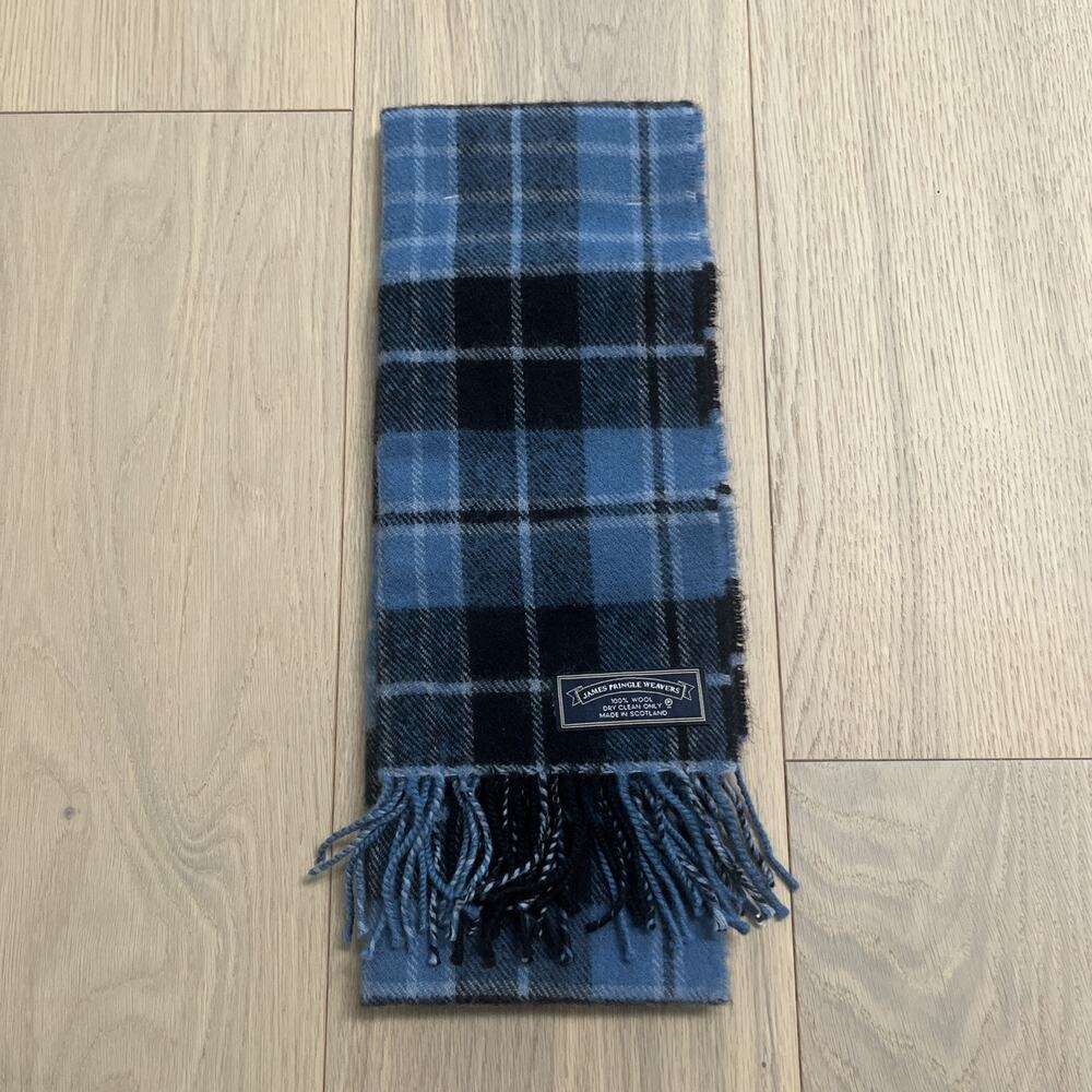 James Pringle Weavers Wool Tartan Plaid Fringed Scarf Winter Accessory Blue